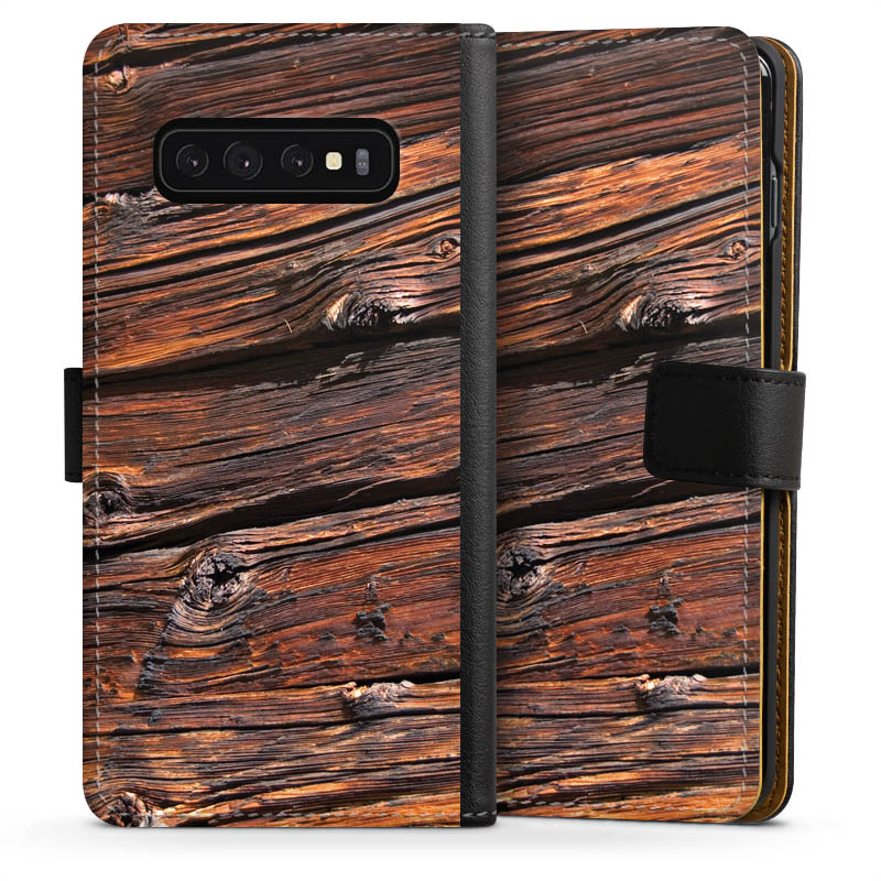 Galaxy S10 Handy Klapphülle Handyhülle aus Kunst Leder schwarz Flip Case Beams Wooden Look Wood Sideflip mit Lasche