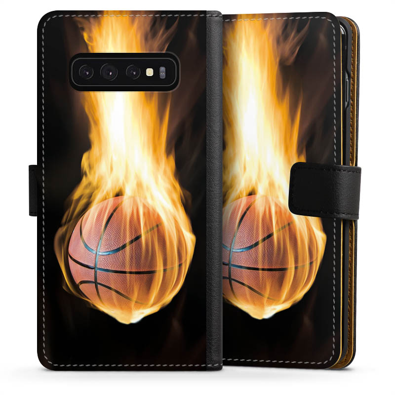 Galaxy S10 Handy Klapphülle Handyhülle aus Kunst Leder schwarz Flip Case Basketball Sports Fire Sideflip mit Lasche