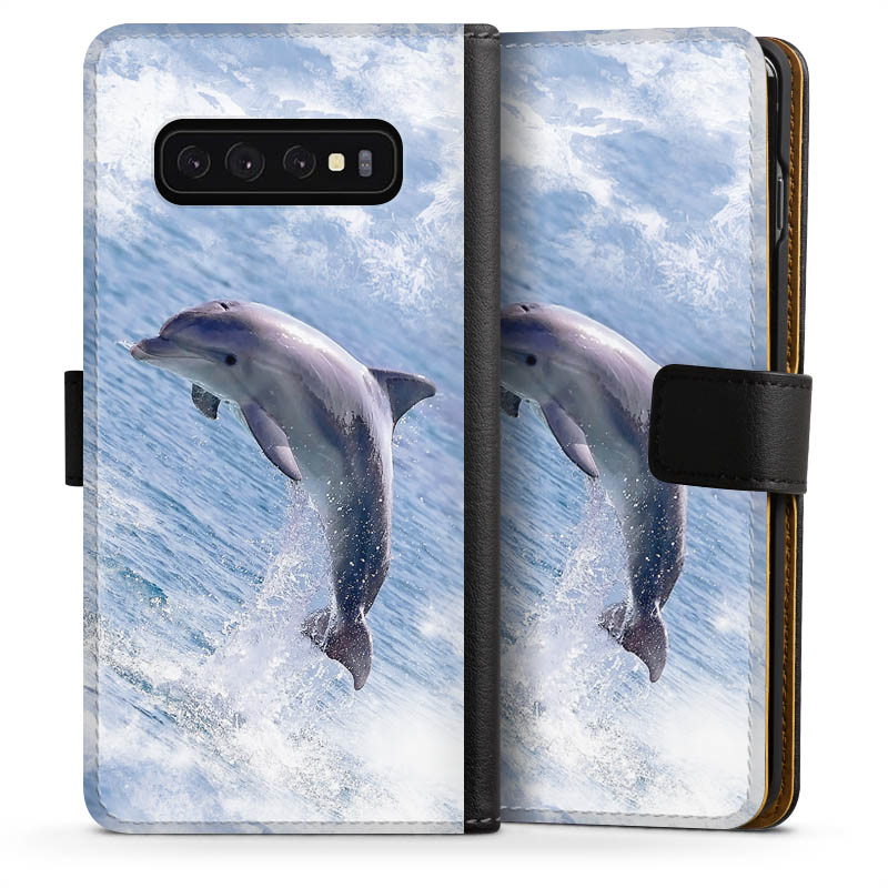 Galaxy S10 Handy Klapphülle Handyhülle aus Kunst Leder schwarz Flip Case Dolphin Ocean Wale Sideflip mit Lasche