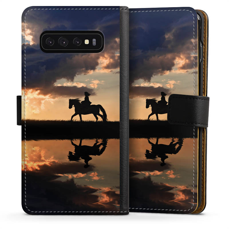 Galaxy S10 Handy Klapphülle Handyhülle aus Kunst Leder schwarz Flip Case Horse Sunset Horseback Riding Sideflip mit Lasche