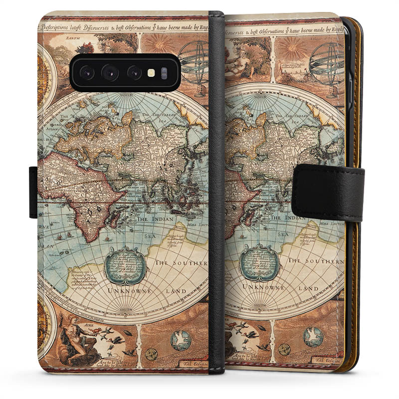 Galaxy S10 Handy Klapphülle Handyhülle aus Kunst Leder schwarz Flip Case World Map Vintage Map Sideflip mit Lasche