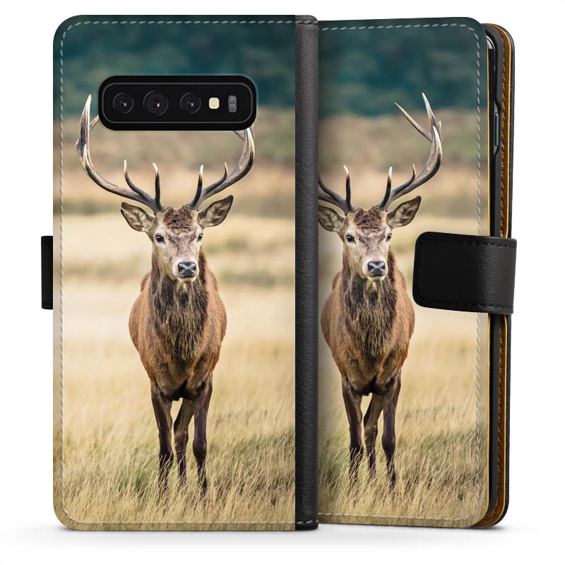 Galaxy S10 Handy Klapphülle Handyhülle aus Kunst Leder schwarz Flip Case Deer Meadow Forrest Sideflip mit Lasche