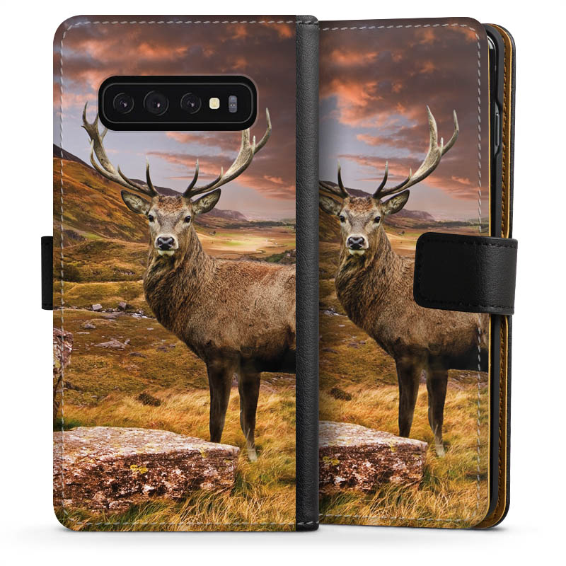 Galaxy S10 Handy Klapphülle Handyhülle aus Kunst Leder schwarz Flip Case Meadow Mountain Deer Sideflip mit Lasche