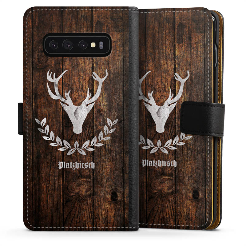 Galaxy S10 Handy Klapphülle Handyhülle aus Kunst Leder schwarz Flip Case Deer Wood Wooden Look Sideflip mit Lasche