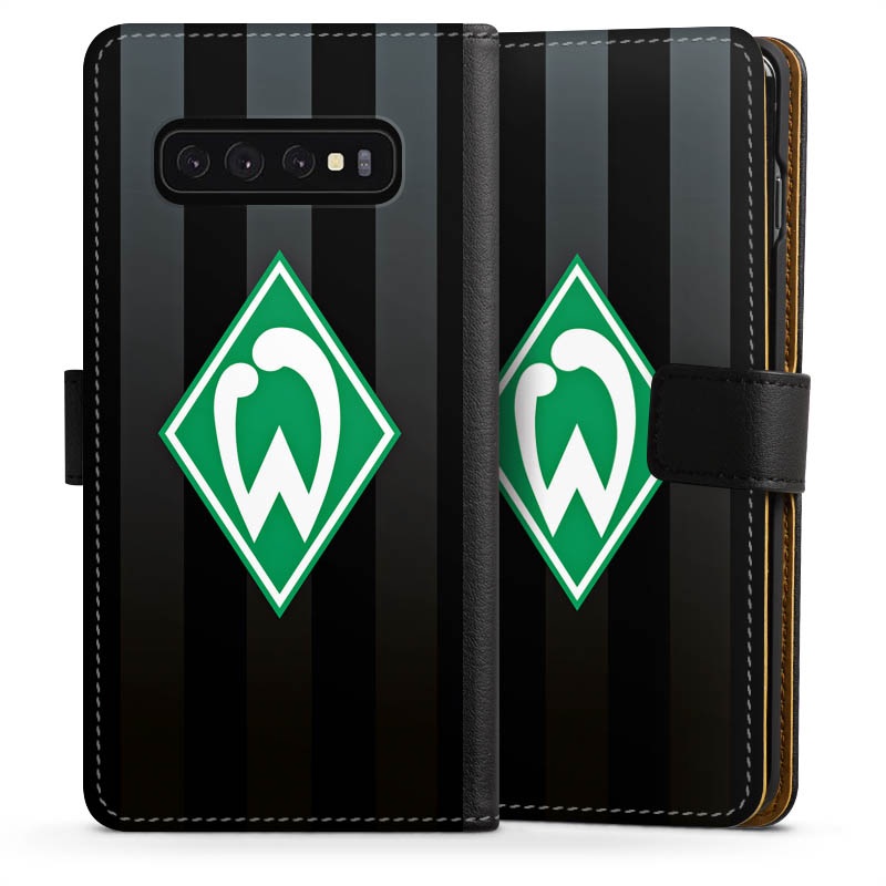 Galaxy S10 Handy Klapphülle Handyhülle aus Kunst Leder schwarz Flip Case Stripes Sv Werder Bremen Official Licensed Product Sideflip mit Lasche