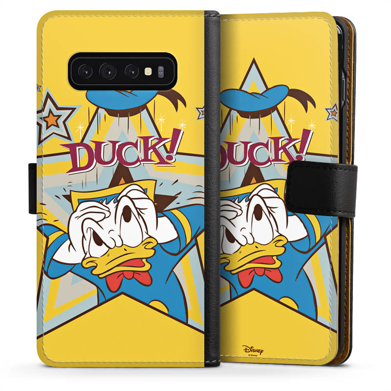 Galaxy S10 Handy Klapphülle Handyhülle aus Kunst Leder schwarz Flip Case Official Licensed Product Donald Duck Disney Sideflip mit Lasche