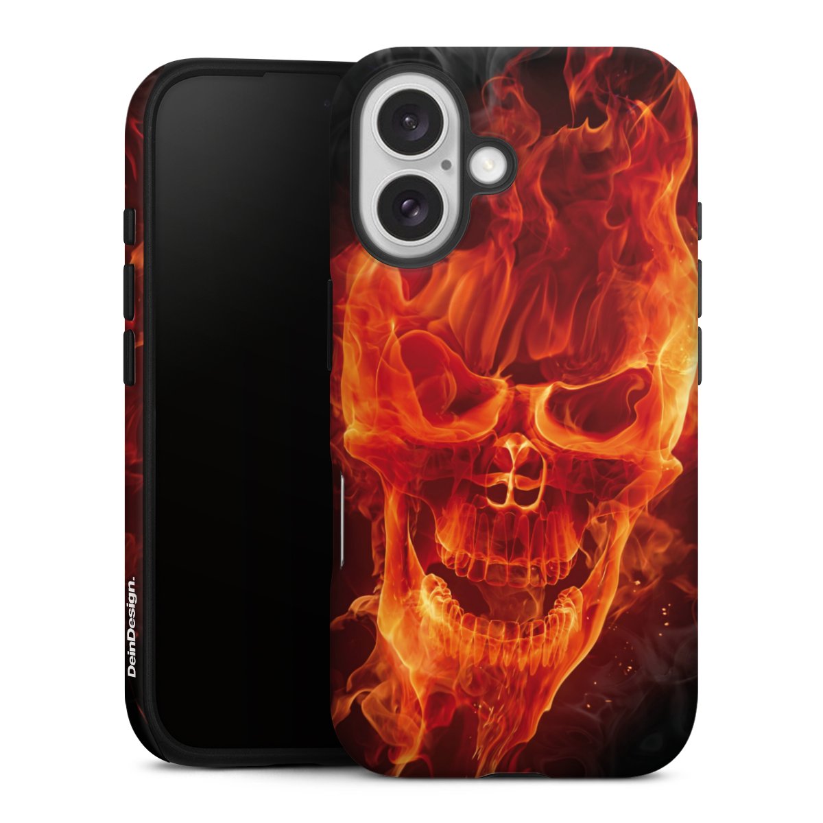 iPhone 16 Handy Panzer Handyhülle robuste Outdoor Hülle Schutzhülle matt Totenkopf Skull Fire Tough Case