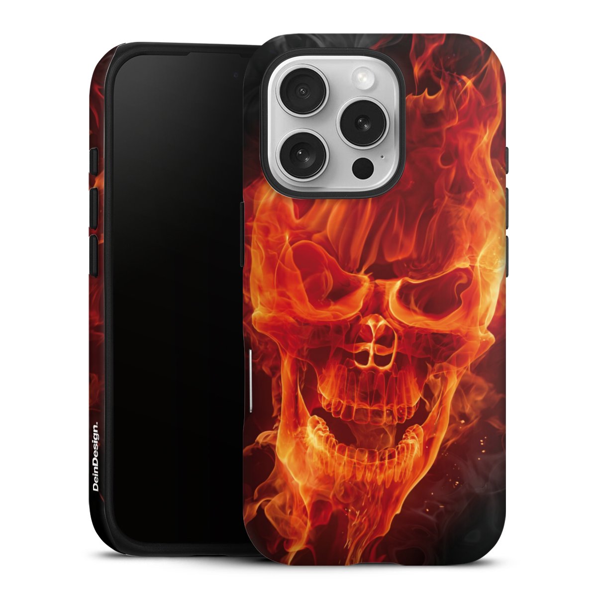 iPhone 16 Pro Handy Panzer Handyhülle robuste Outdoor Hülle Schutzhülle matt Totenkopf Skull Fire Tough Case