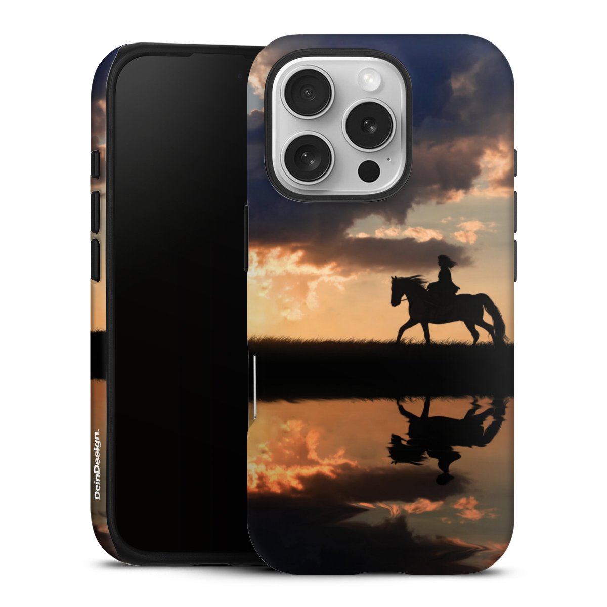 iPhone 16 Pro Handy Panzer Handyhülle robuste Outdoor Hülle Schutzhülle matt Horse Sunset Horseback Riding Tough Case