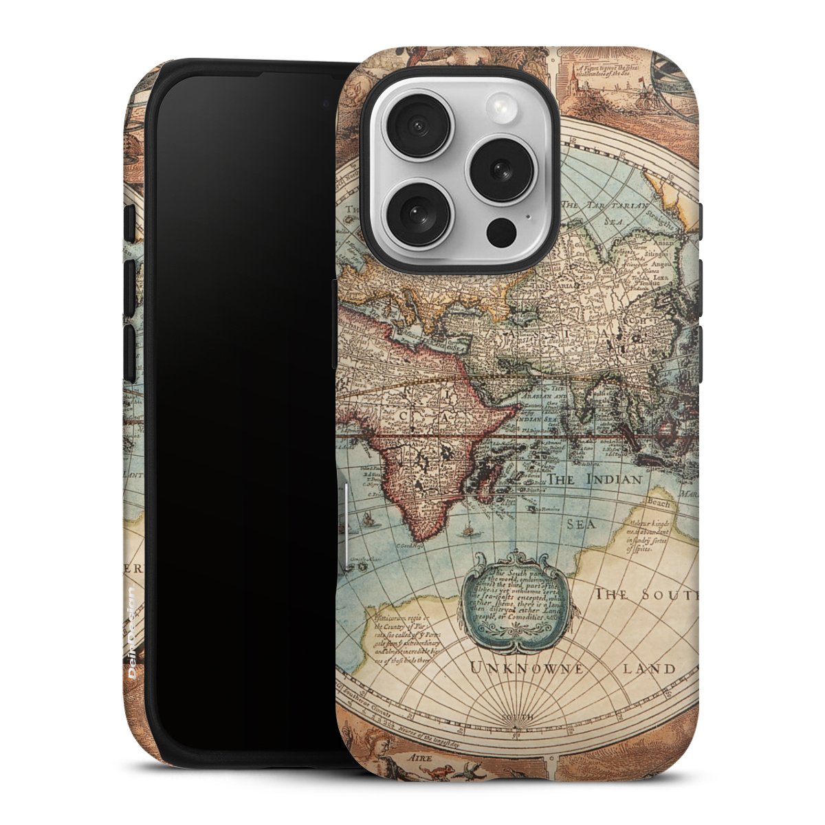 iPhone 16 Pro Handy Panzer Handyhülle robuste Outdoor Hülle Schutzhülle matt World Map Vintage Map Tough Case