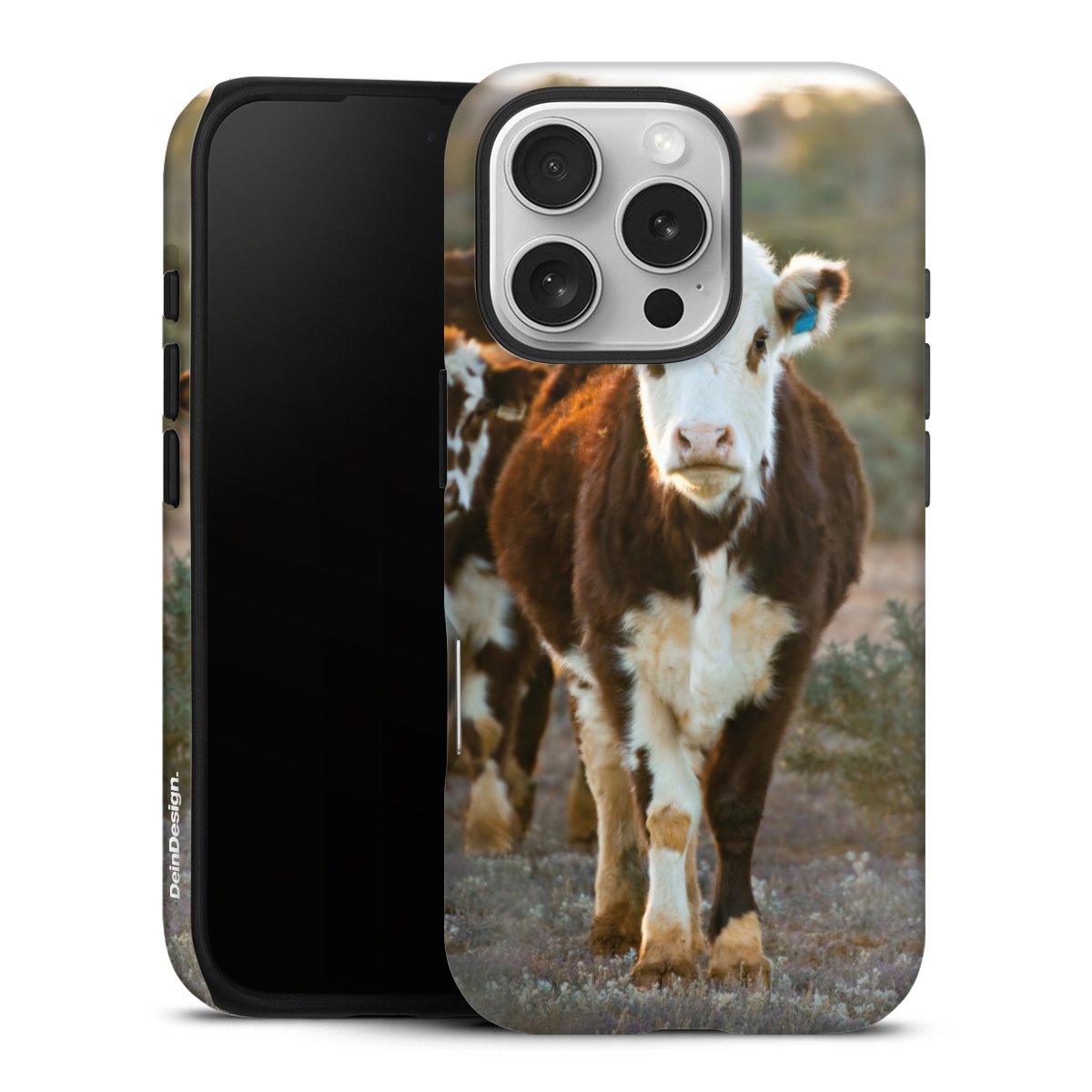 iPhone 16 Pro Handy Panzer Handyhülle robuste Outdoor Hülle Schutzhülle matt Cow Farmer Calf Tough Case