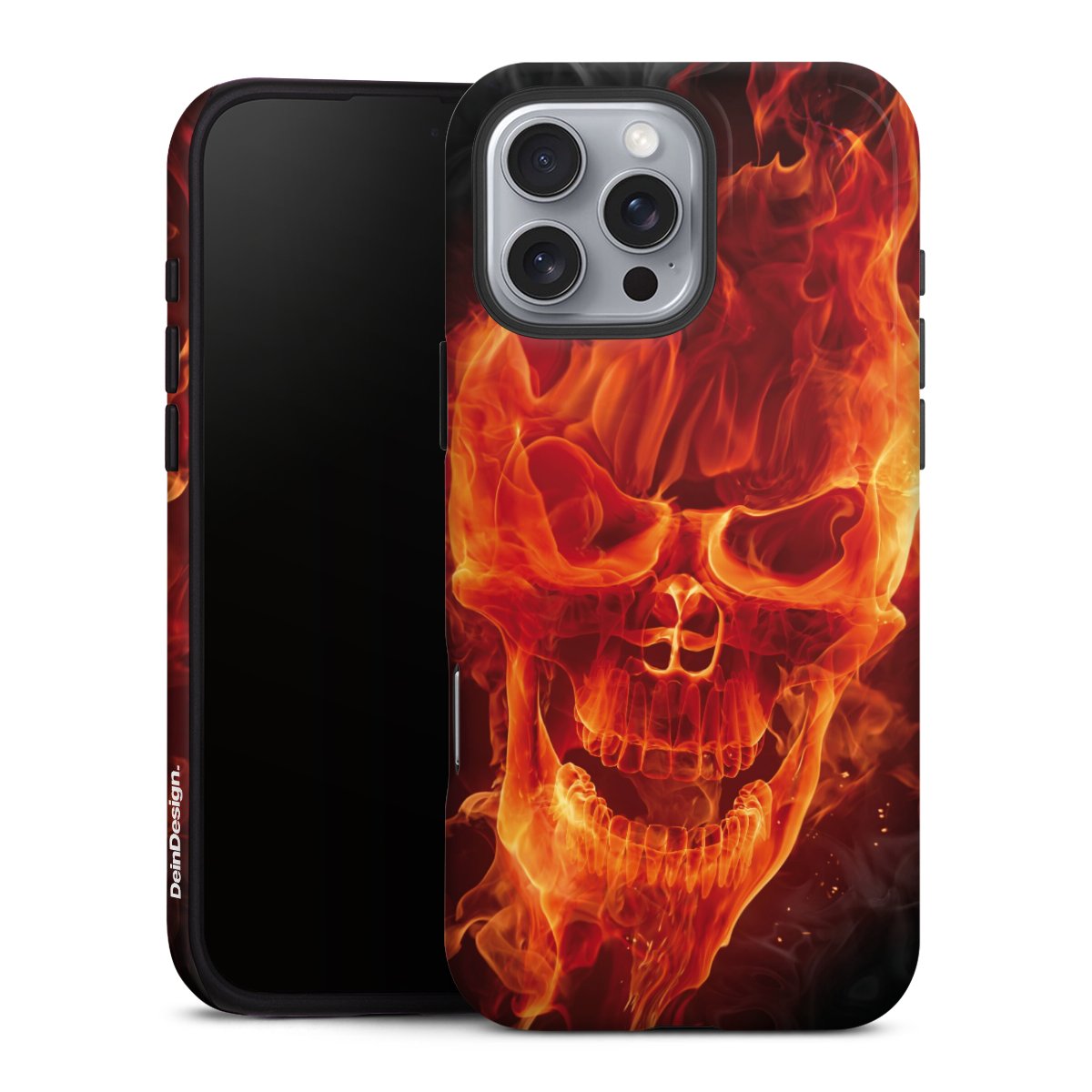 iPhone 16 Pro Max Handy Panzer Handyhülle robuste Outdoor Hülle Schutzhülle matt Totenkopf Skull Fire Tough Case