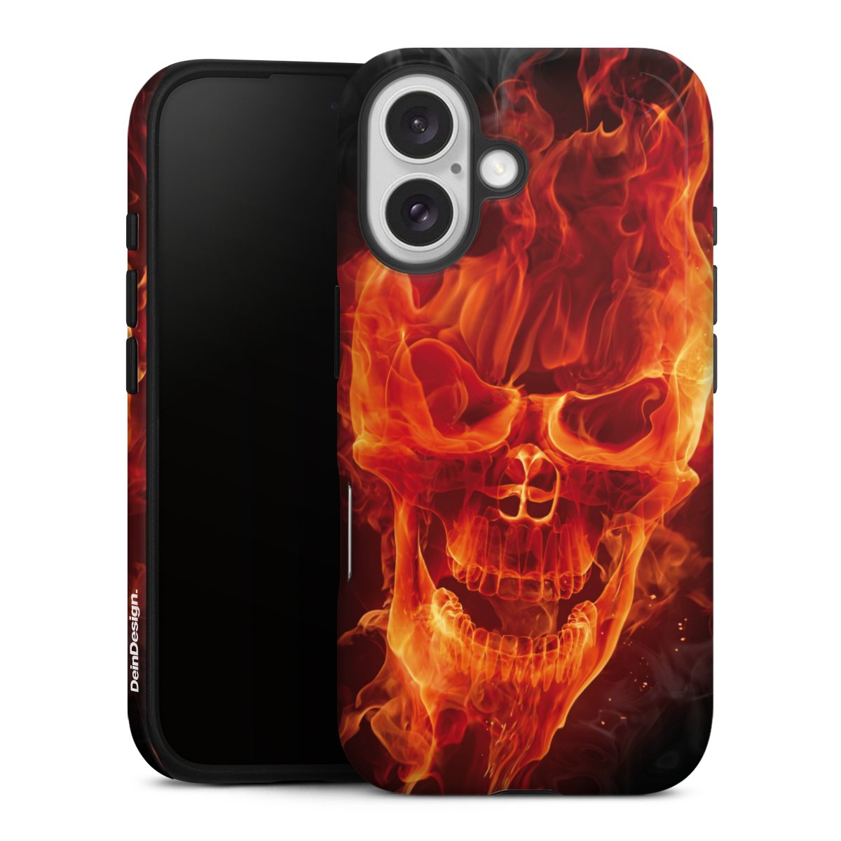 iPhone 16 Handy Panzer Handyhülle robuste Outdoor Hülle Schutzhülle glänzend Totenkopf Skull Fire Tough Case