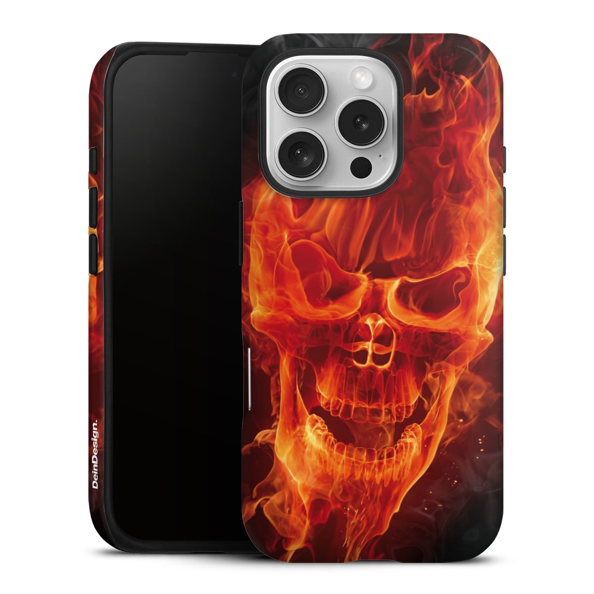 iPhone 16 Pro Handy Panzer Handyhülle robuste Outdoor Hülle Schutzhülle glänzend Totenkopf Skull Fire Tough Case