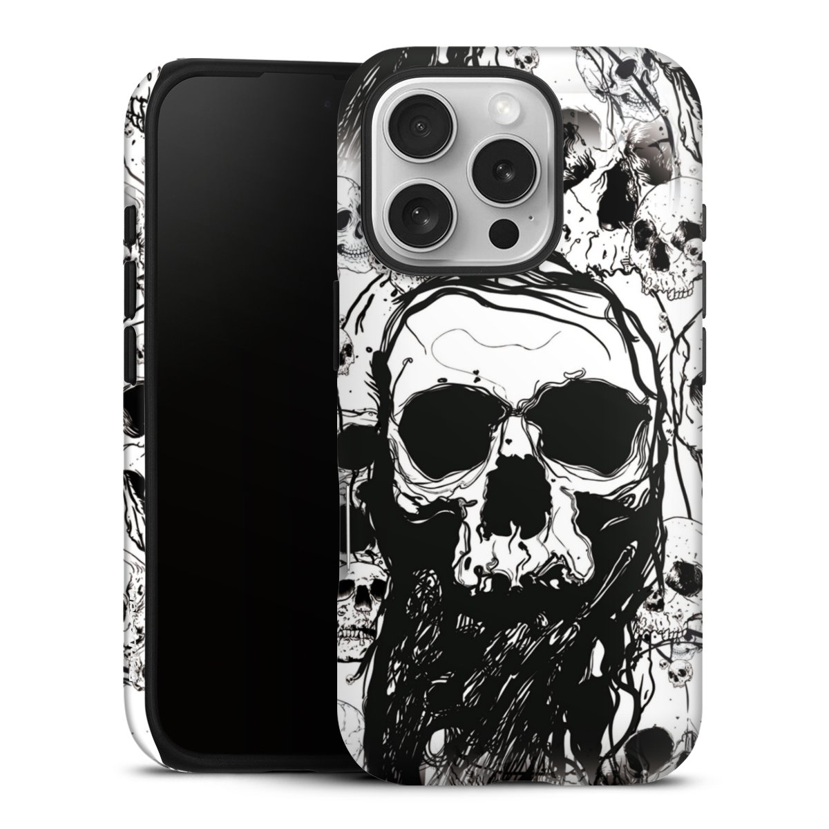 iPhone 16 Pro Handy Panzer Handyhülle robuste Outdoor Hülle Schutzhülle glänzend Totenkopf Halloween Tough Case