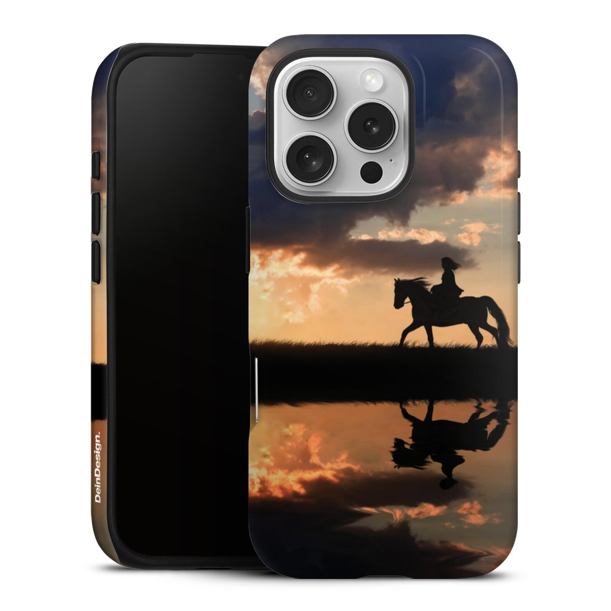 iPhone 16 Pro Handy Panzer Handyhülle robuste Outdoor Hülle Schutzhülle glänzend Horse Sunset Horseback Riding Tough Case