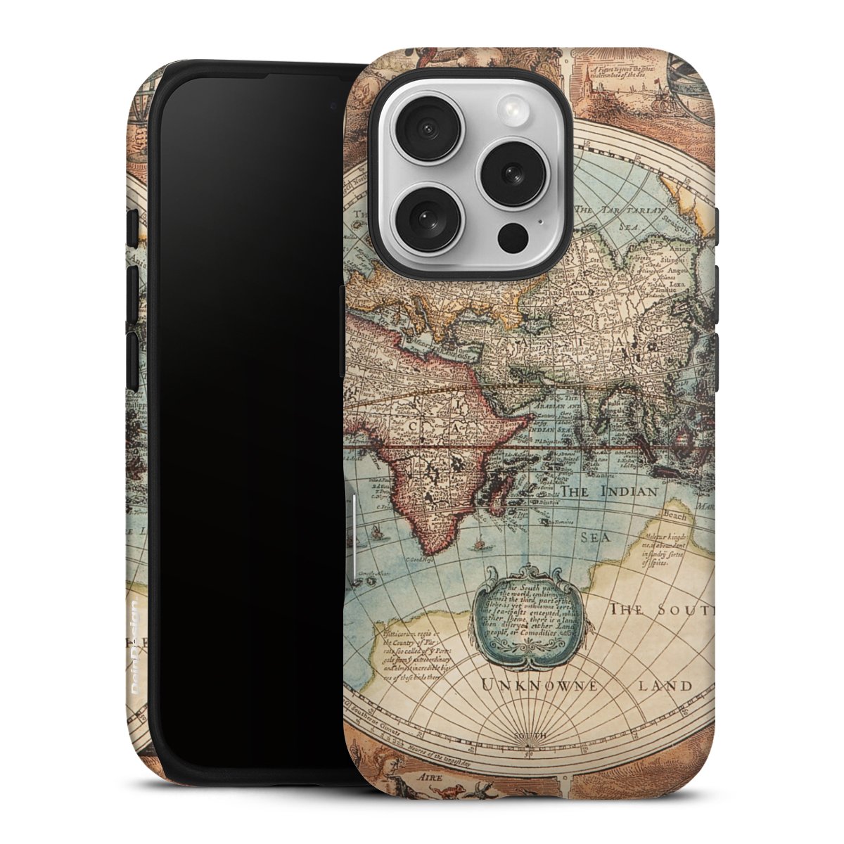 iPhone 16 Pro Handy Panzer Handyhülle robuste Outdoor Hülle Schutzhülle glänzend World Map Vintage Map Tough Case