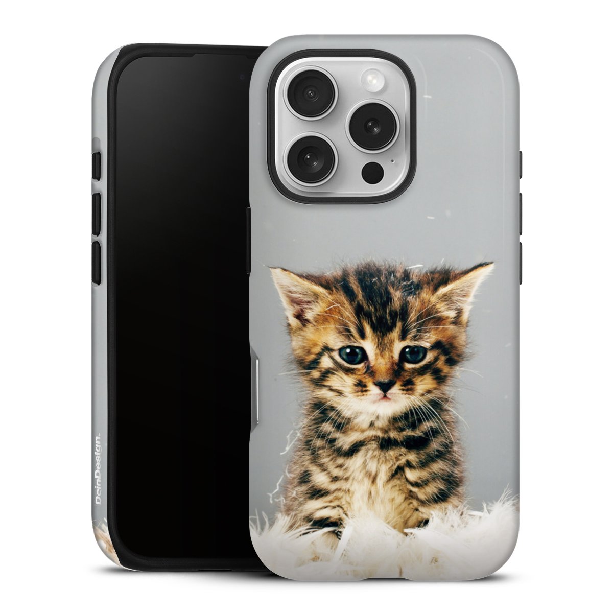 iPhone 16 Pro Handy Panzer Handyhülle robuste Outdoor Hülle Schutzhülle glänzend Cat Feather Pet Tough Case