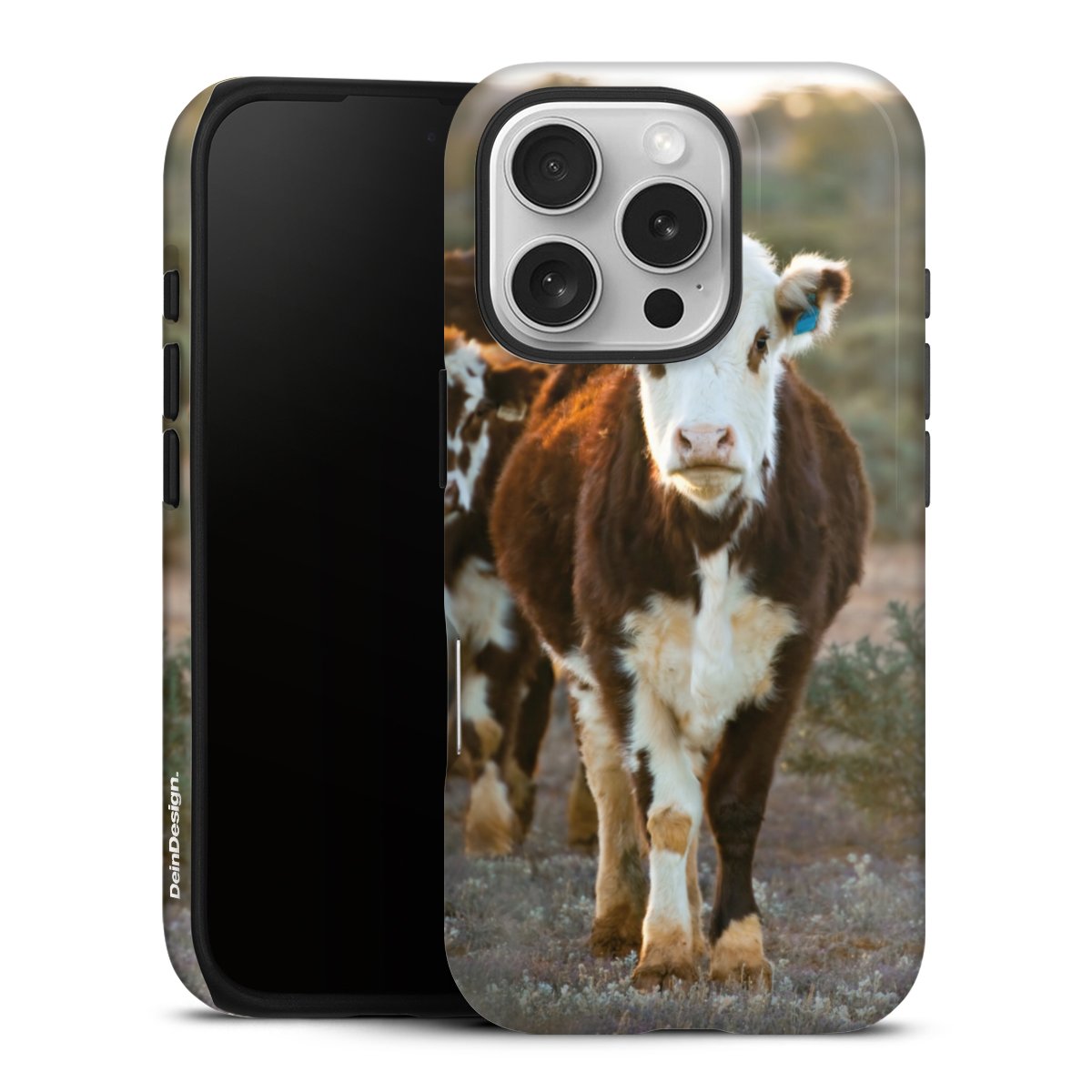 iPhone 16 Pro Handy Panzer Handyhülle robuste Outdoor Hülle Schutzhülle glänzend Cow Farmer Calf Tough Case