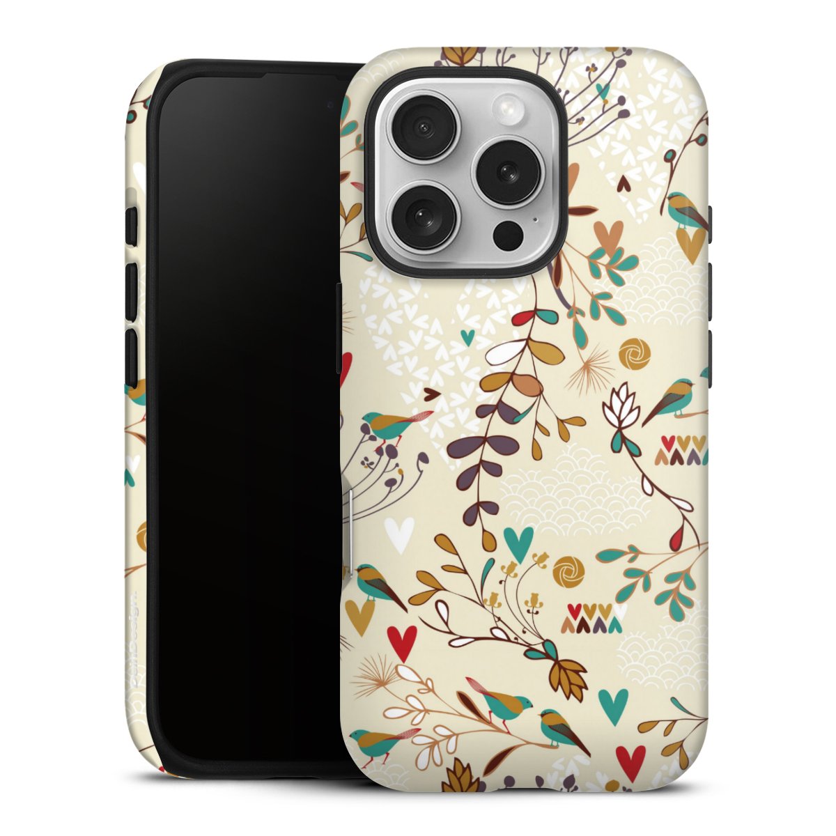 iPhone 16 Pro Handy Panzer Handyhülle robuste Outdoor Hülle Schutzhülle glänzend Bird Flowers Retro Tough Case