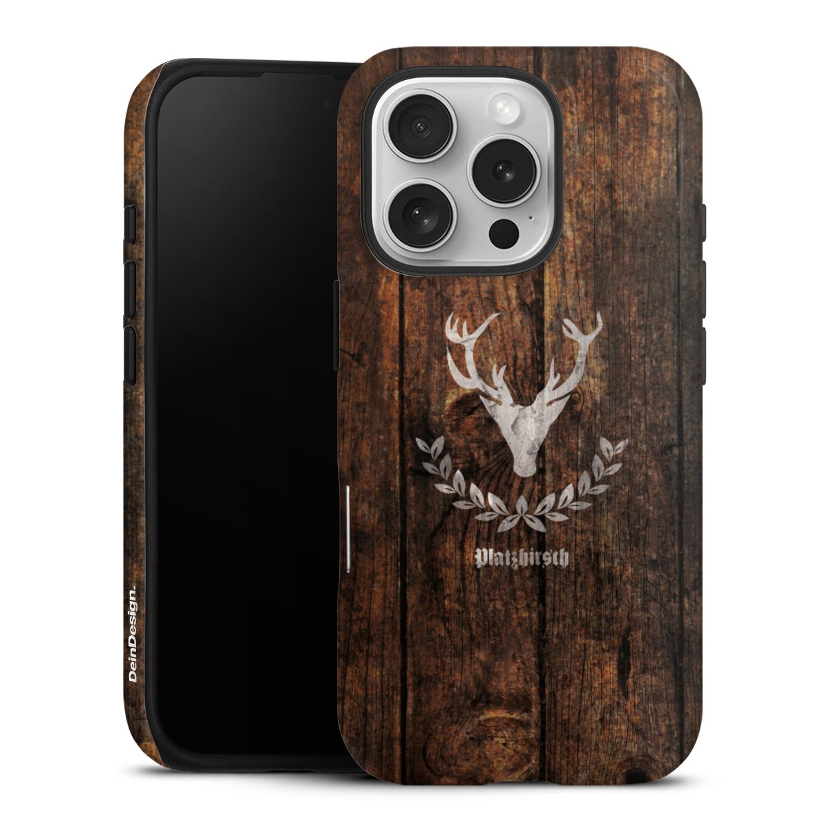 iPhone 16 Pro Handy Panzer Handyhülle robuste Outdoor Hülle Schutzhülle glänzend Deer Wood Wooden Look Tough Case