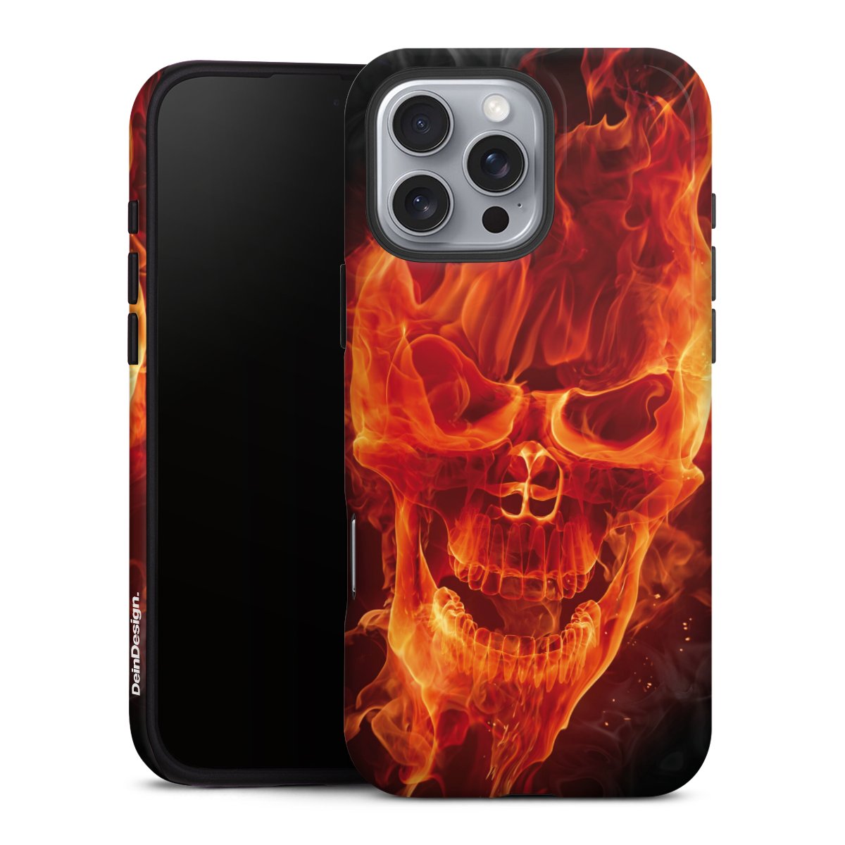 iPhone 16 Pro Max Handy Panzer Handyhülle robuste Outdoor Hülle Schutzhülle glänzend Totenkopf Skull Fire Tough Case