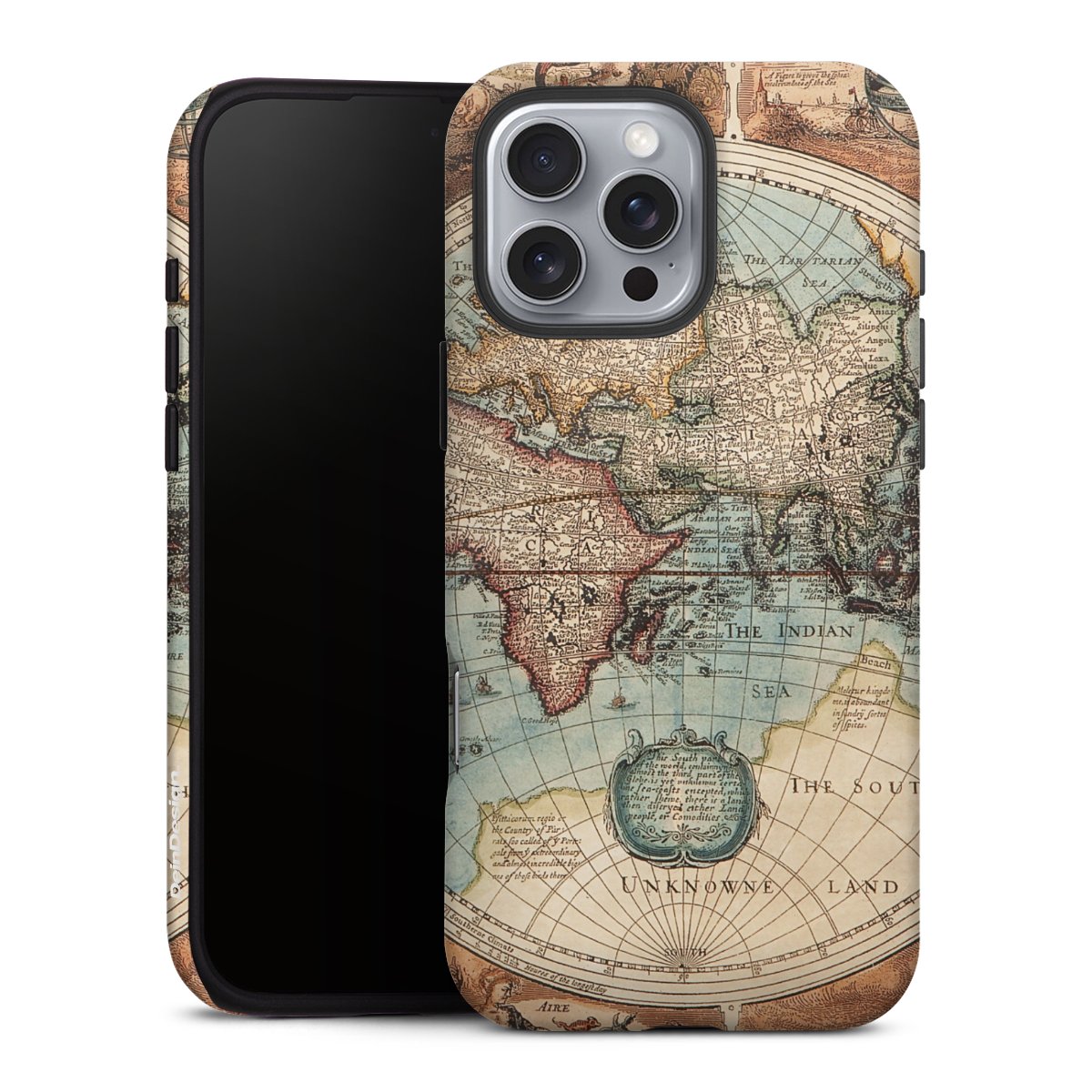 iPhone 16 Pro Max Handy Panzer Handyhülle robuste Outdoor Hülle Schutzhülle glänzend World Map Vintage Map Tough Case