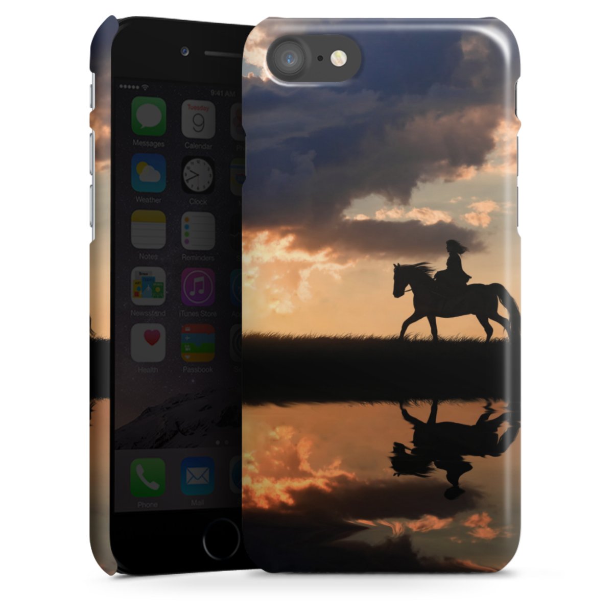 iPhone SE (2020) Handy Premium Case Smartphone Handyhülle Schutzhülle glänzend Horse Sunset Horseback Riding Premium Case