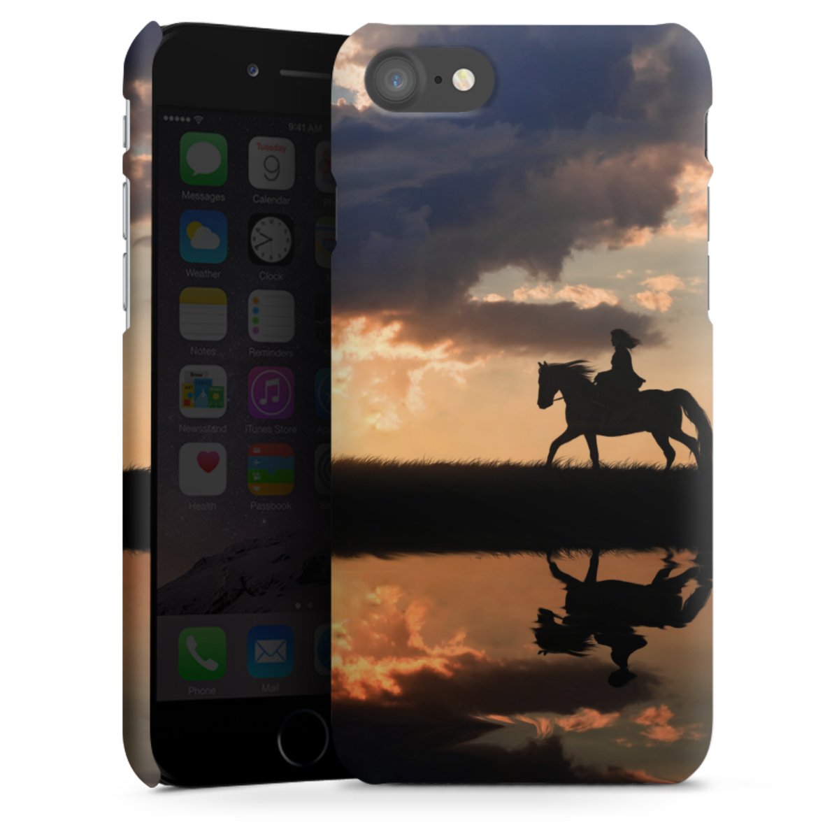 iPhone SE (2022) Handy Premium Case Smartphone Handyhülle Schutzhülle matt Horse Sunset Horseback Riding Premium Case