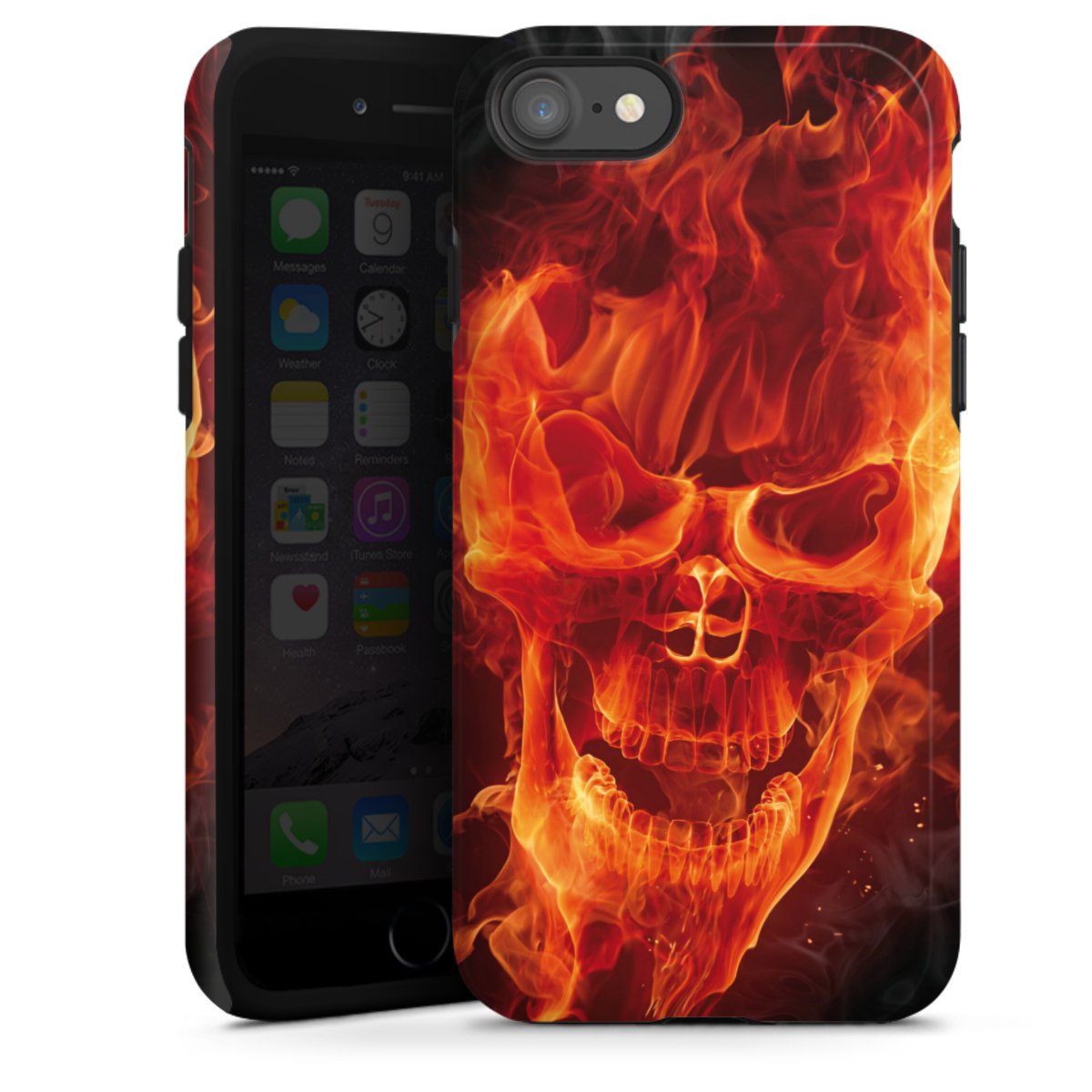 iPhone SE (2020) Handy Panzer Handyhülle robuste Outdoor Hülle Schutzhülle glänzend Totenkopf Skull Fire Tough Case