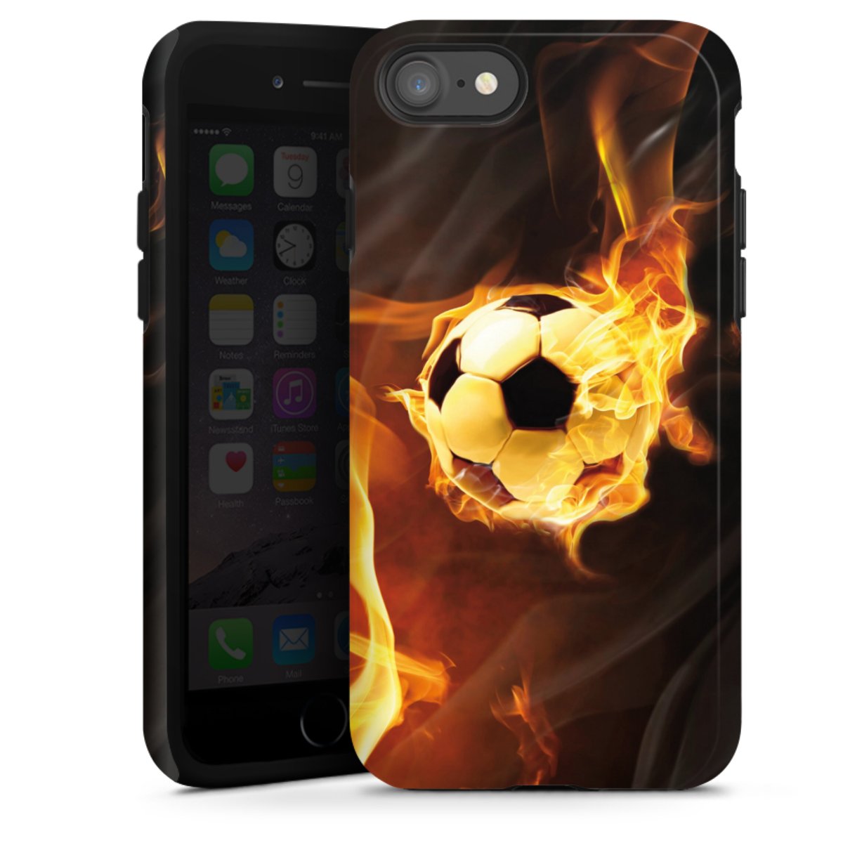 iPhone SE (2020) Handy Panzer Handyhülle robuste Outdoor Hülle Schutzhülle glänzend Ball Fire Soccer Tough Case