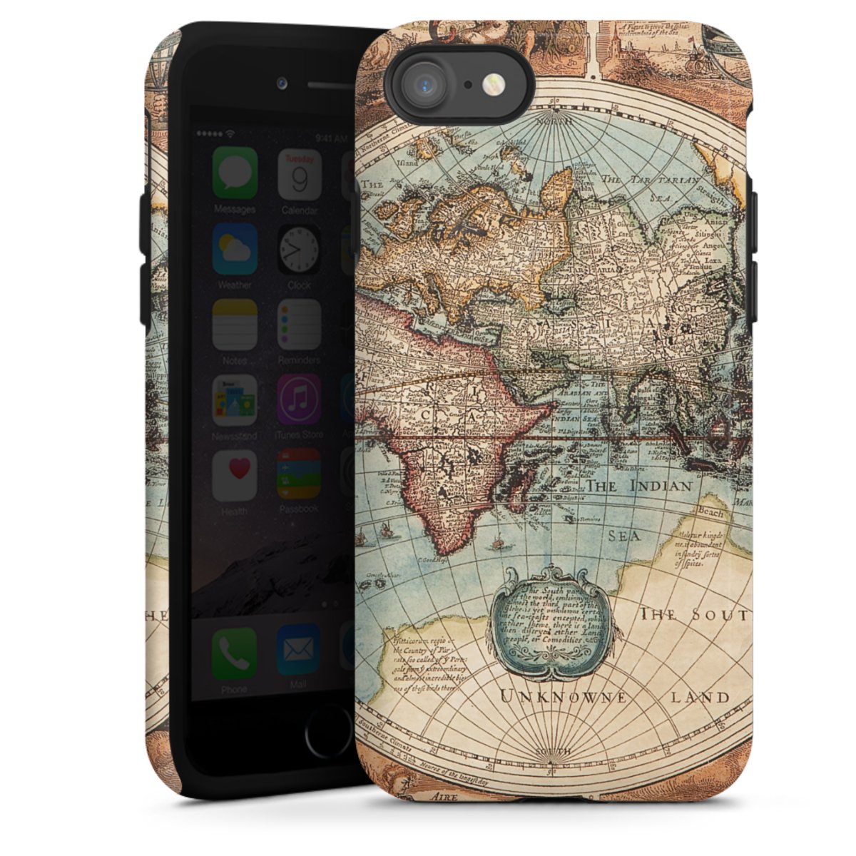 iPhone SE (2020) Handy Panzer Handyhülle robuste Outdoor Hülle Schutzhülle glänzend World Map Vintage Map Tough Case