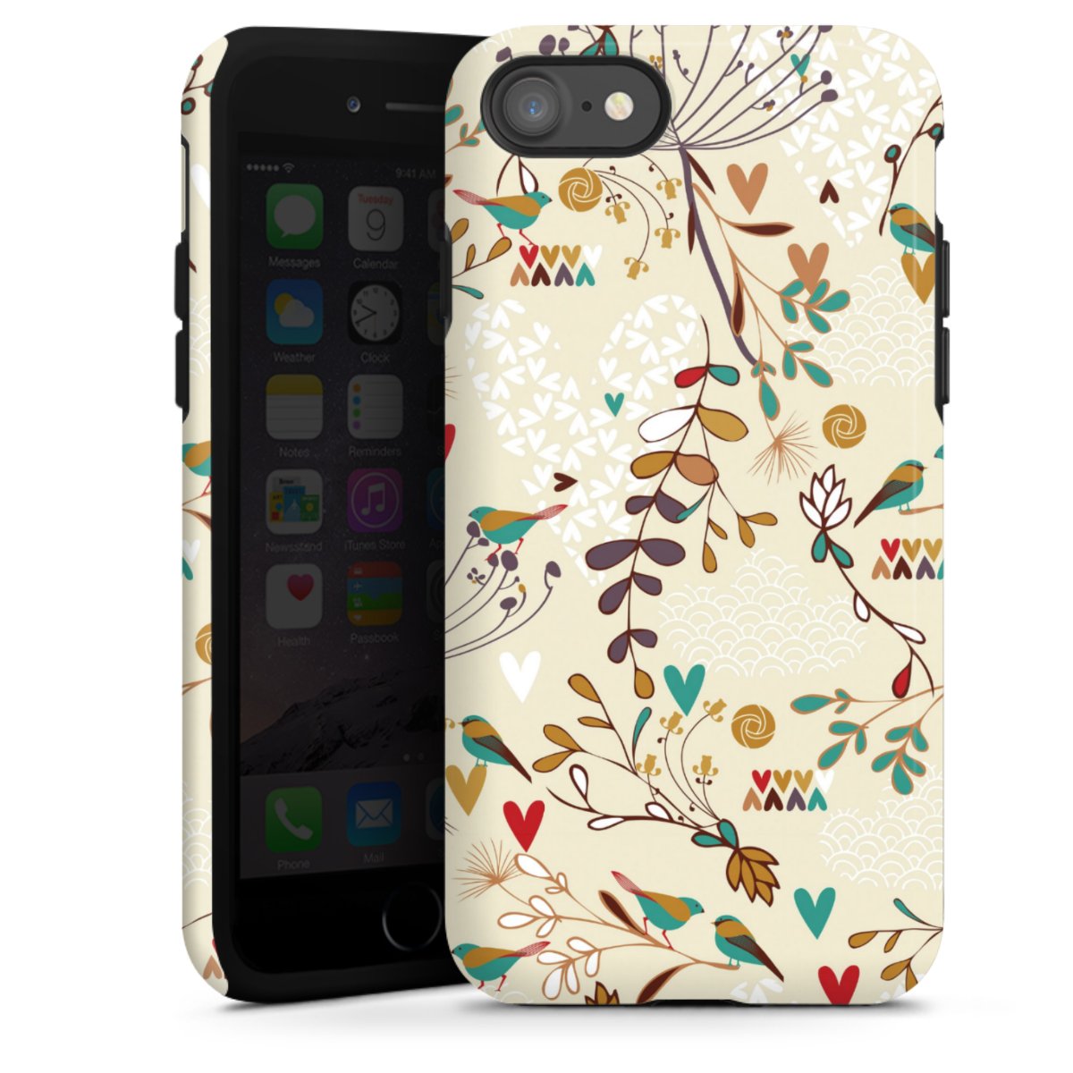 iPhone SE (2020) Handy Panzer Handyhülle robuste Outdoor Hülle Schutzhülle glänzend Bird Flowers Retro Tough Case