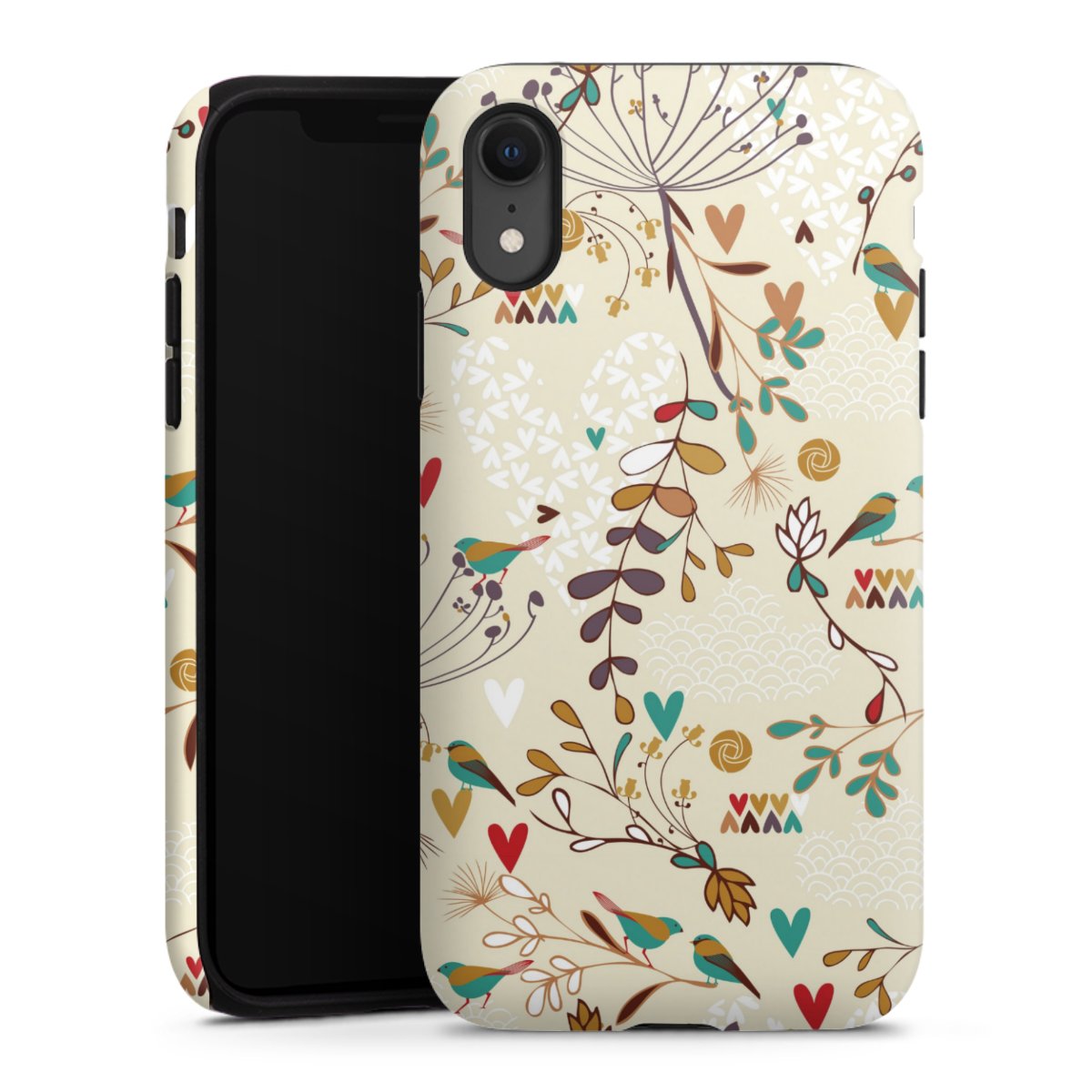 iPhone Xr Handy Panzer Handyhülle robuste Outdoor Hülle Schutzhülle matt Bird Flowers Retro Tough Case