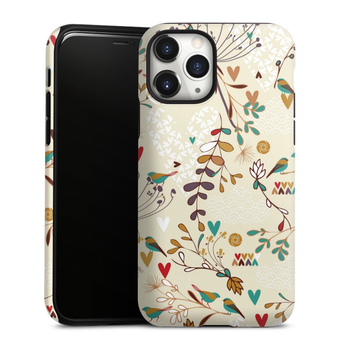 iPhone 11 Pro Handy Panzer Handyhülle robuste Outdoor Hülle Schutzhülle glänzend Bird Flowers Retro Tough Case