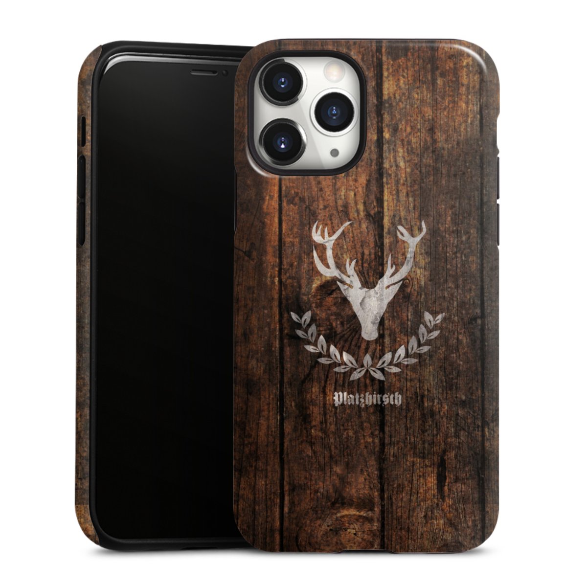 iPhone 11 Pro Handy Panzer Handyhülle robuste Outdoor Hülle Schutzhülle glänzend Deer Wood Wooden Look Tough Case