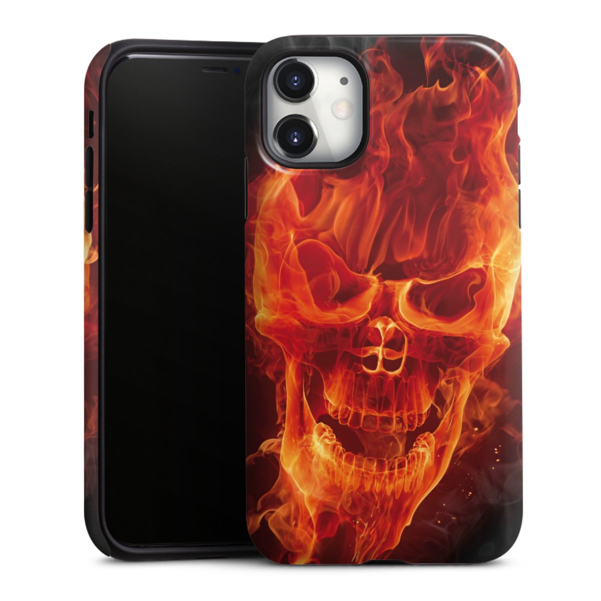 iPhone 11 Handy Panzer Handyhülle robuste Outdoor Hülle Schutzhülle glänzend Totenkopf Skull Fire Tough Case