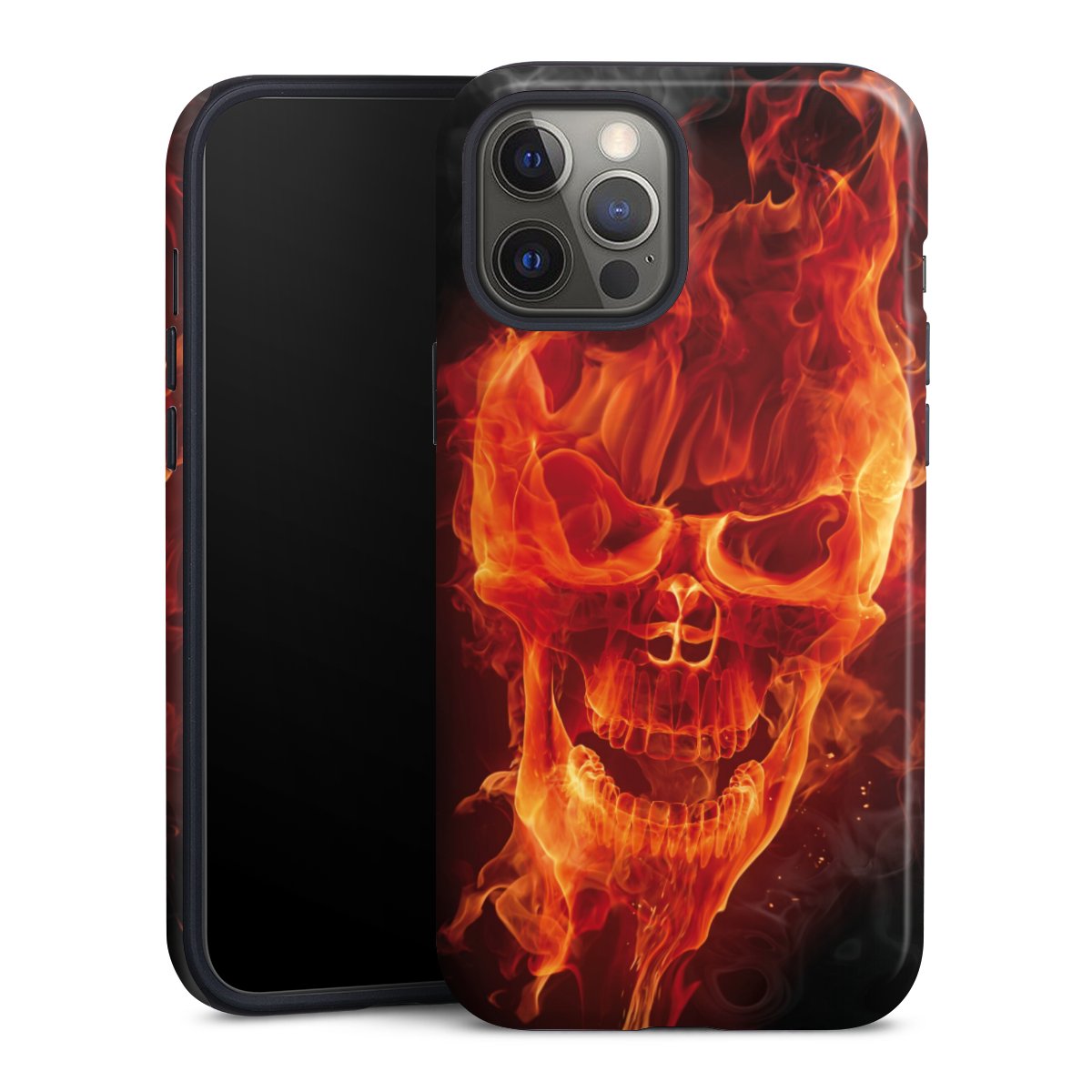 iPhone 12 Pro Max Handy Panzer Handyhülle robuste Outdoor Hülle Schutzhülle glänzend Totenkopf Skull Fire Tough Case