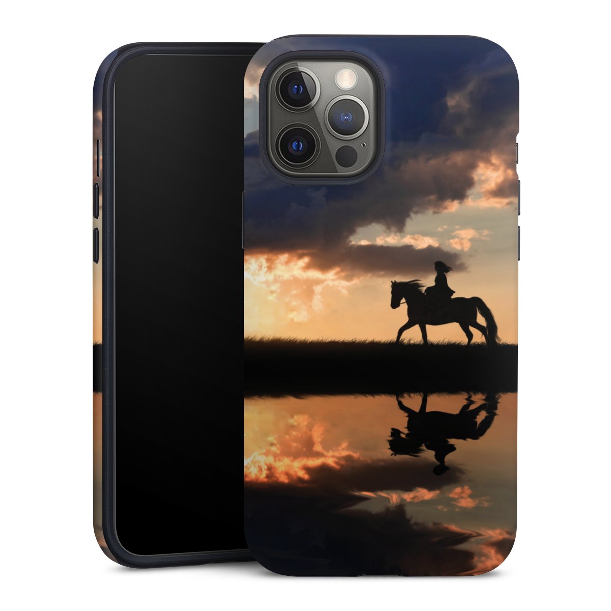 iPhone 12 Pro Max Handy Panzer Handyhülle robuste Outdoor Hülle Schutzhülle matt Horseback Riding Horse Sunset Tough Case