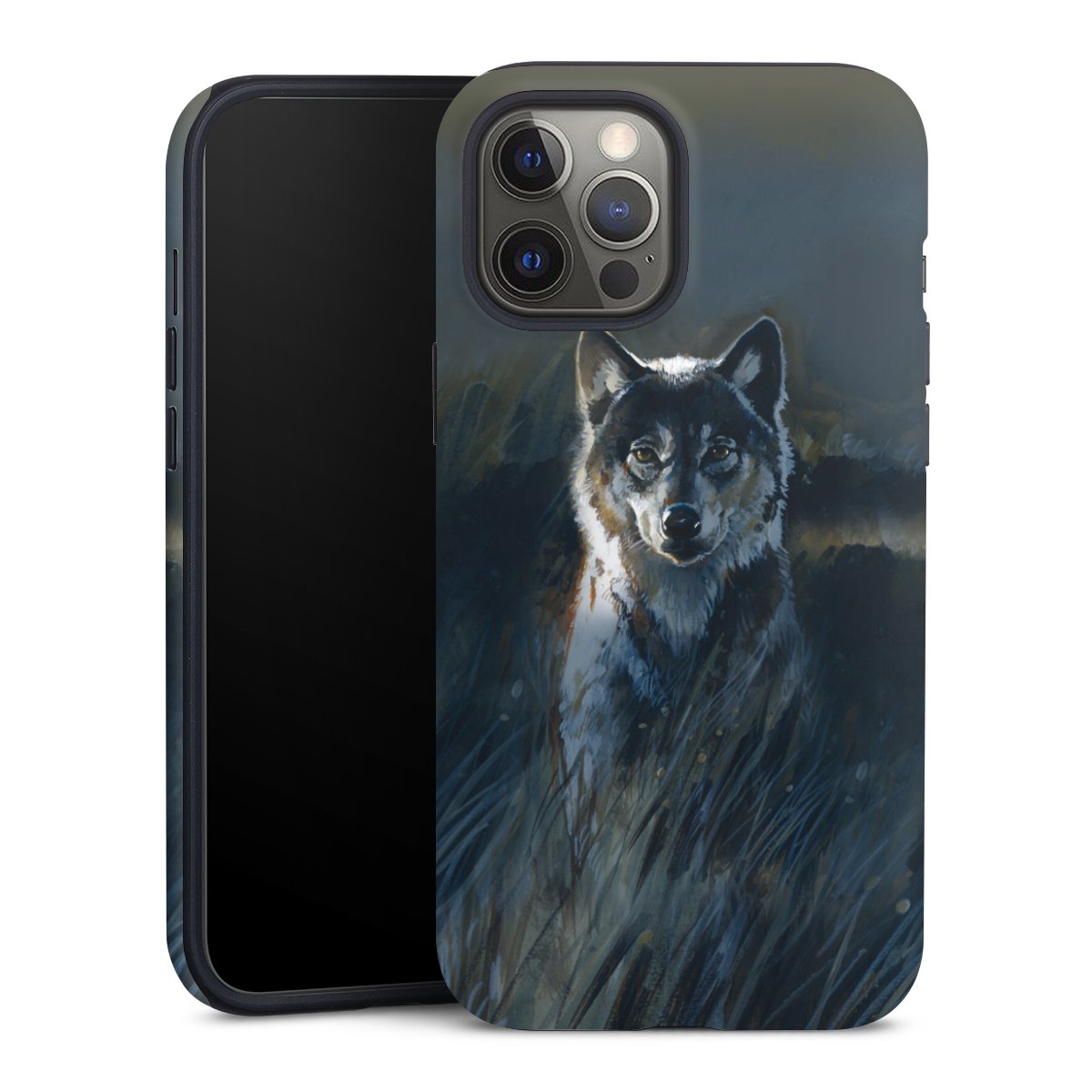 iPhone 12 Pro Max Handy Panzer Handyhülle robuste Outdoor Hülle Schutzhülle matt Wolf Nature Painting Tough Case