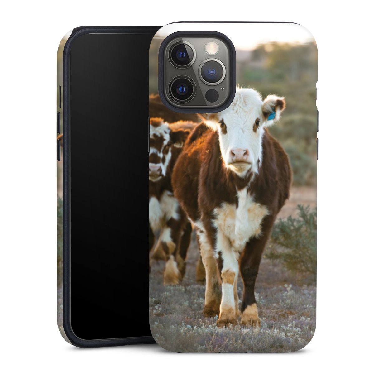 iPhone 12 Pro Max Handy Panzer Handyhülle robuste Outdoor Hülle Schutzhülle matt Calf Farmer Cow Tough Case