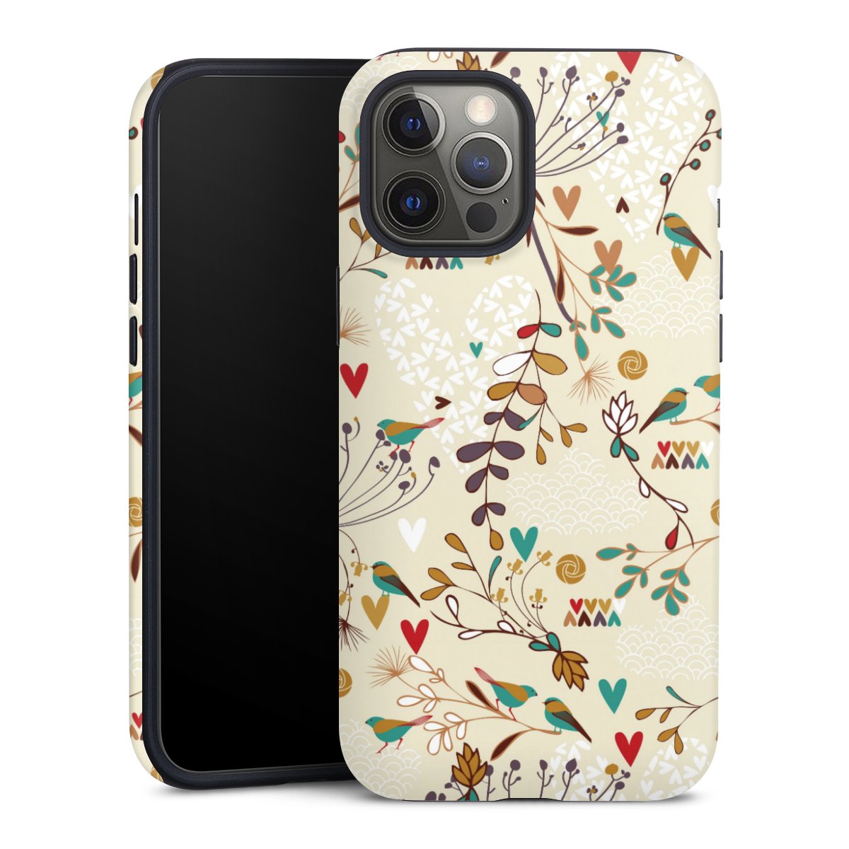 iPhone 12 Pro Max Handy Panzer Handyhülle robuste Outdoor Hülle Schutzhülle matt Flowers Retro Bird Tough Case