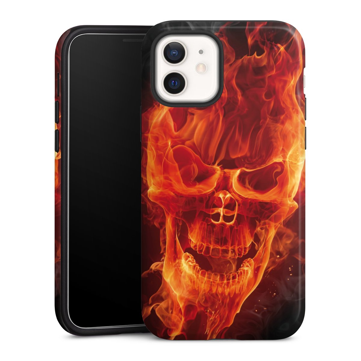 iPhone 12 Handy Panzer Handyhülle robuste Outdoor Hülle Schutzhülle glänzend Totenkopf Skull Fire Tough Case