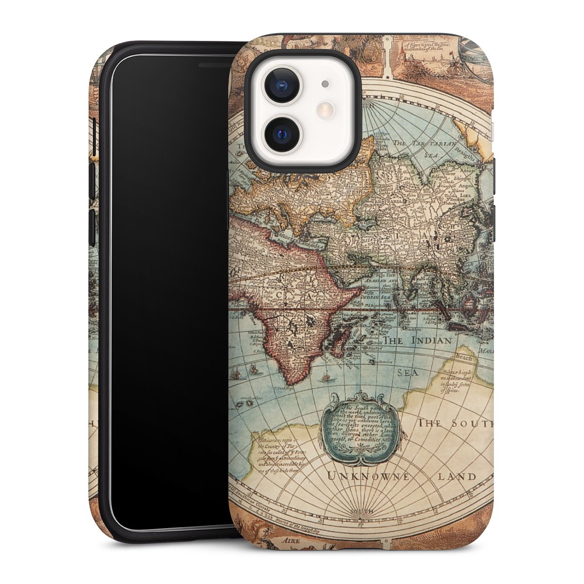 iPhone 12 Handy Panzer Handyhülle robuste Outdoor Hülle Schutzhülle matt World Map Vintage Map Tough Case