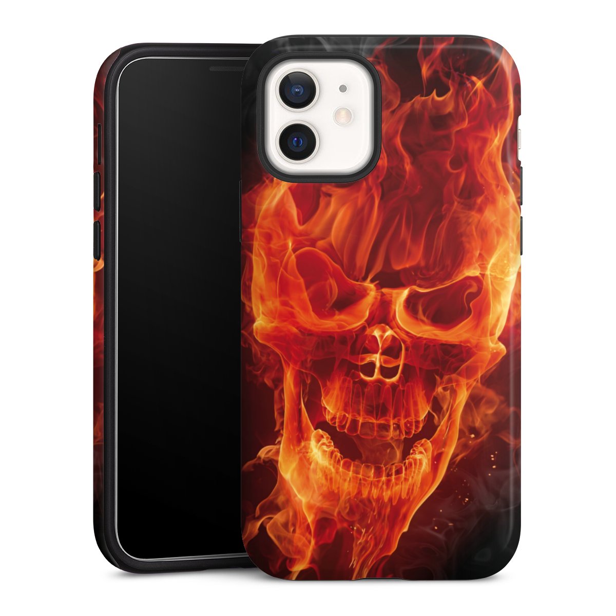 iPhone 12 mini Handy Panzer Handyhülle robuste Outdoor Hülle Schutzhülle glänzend Totenkopf Skull Fire Tough Case