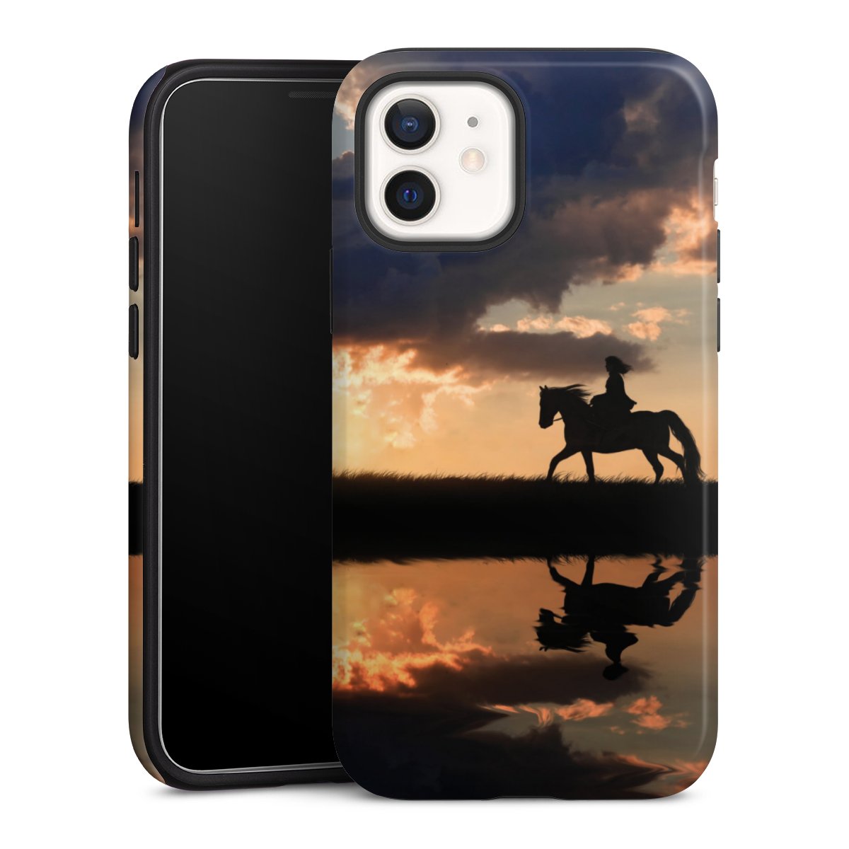 iPhone 12 mini Handy Panzer Handyhülle robuste Outdoor Hülle Schutzhülle glänzend Horse Sunset Horseback Riding Tough Case