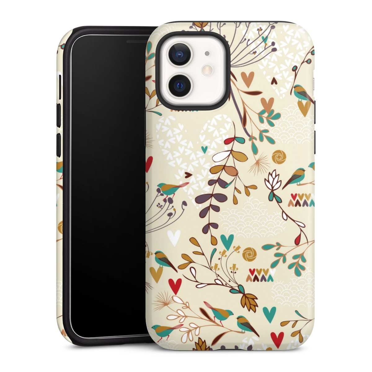 iPhone 12 mini Handy Panzer Handyhülle robuste Outdoor Hülle Schutzhülle glänzend Bird Flowers Retro Tough Case