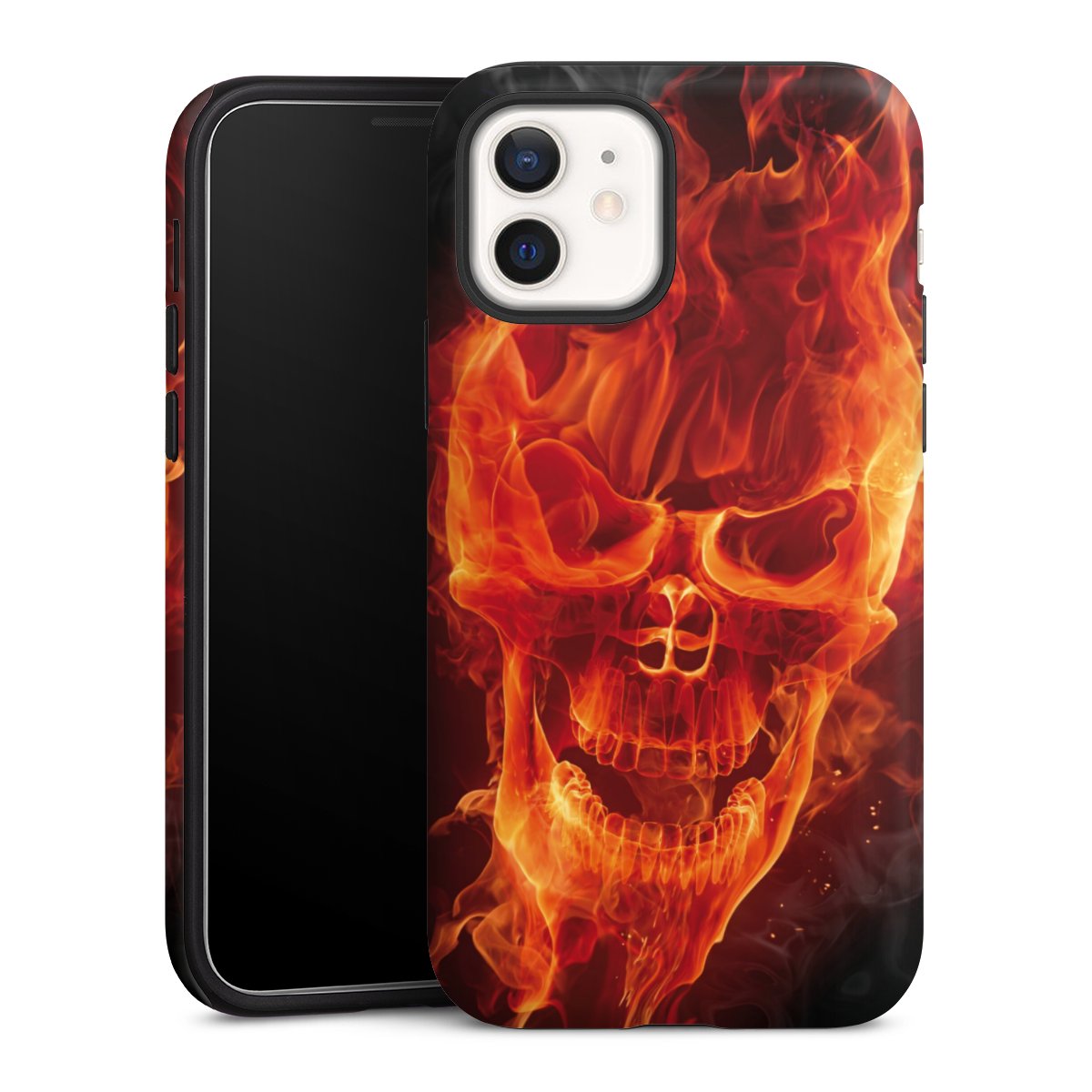 iPhone 12 mini Handy Panzer Handyhülle robuste Outdoor Hülle Schutzhülle matt Totenkopf Skull Fire Tough Case