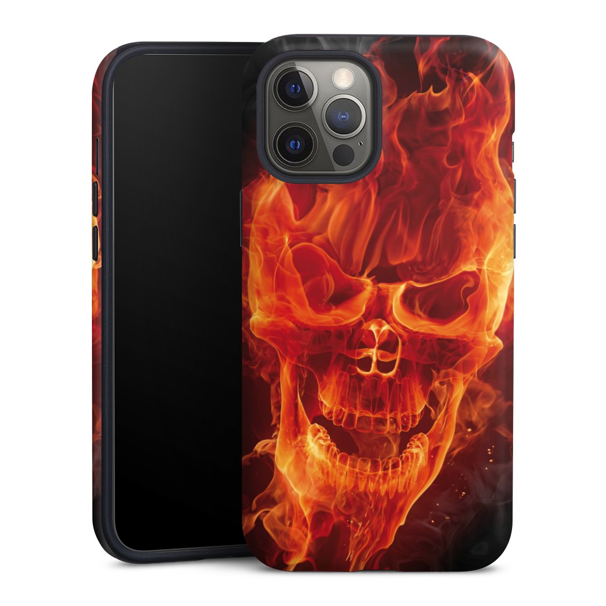 iPhone 12 Pro Handy Panzer Handyhülle robuste Outdoor Hülle Schutzhülle matt Totenkopf Skull Fire Tough Case