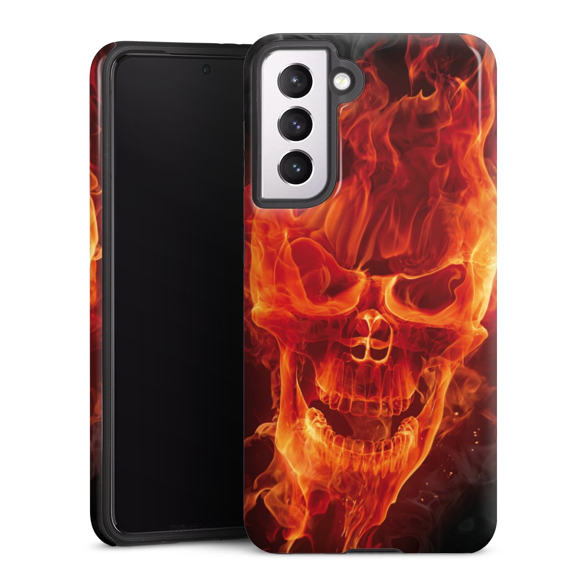 Galaxy S21 5G Handy Panzer Handyhülle robuste Outdoor Hülle Schutzhülle glänzend Totenkopf Skull Fire Tough Case